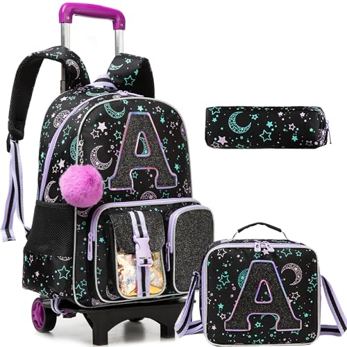 HTgroce Cute Rolling Backpack with Wheel,School Backpack for Kids Girl Roller Schoolbag Wheeled Backpacks Set Carry-on Luggage,Black A - color: Black, style: A