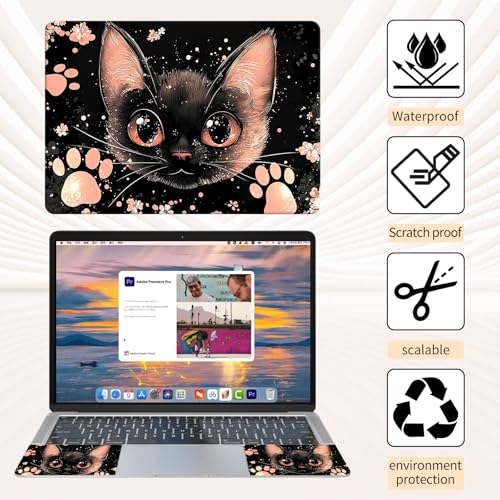 Laptop Skin Sticker 3-Piece Set,Cute Pink and Black Cat | Trim-to-fit 3-piece vinyl set with one 15 x 10.6 in lid skin and two palm-rest decals for many 12-15.6 in laptops - color: Cute Pink And Black Cat