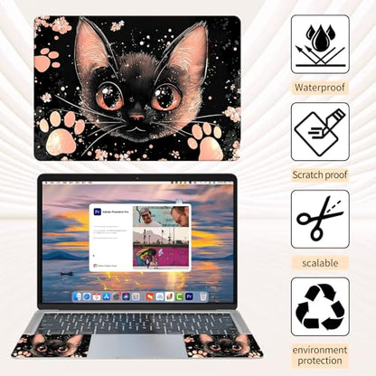 Laptop Skin Sticker 3-Piece Set,Cute Pink and Black Cat | Trim-to-fit 3-piece vinyl set with one 15 x 10.6 in lid skin and two palm-rest decals for many 12-15.6 in laptops - color: Cute Pink And Black Cat