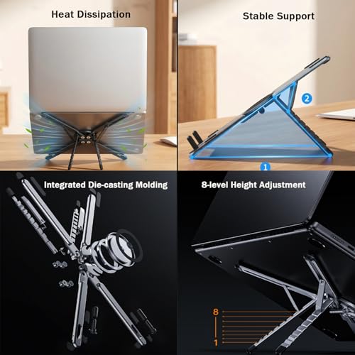 3-in-1 Magnetic Foldable Laptop Stand for Phone Tablet and Laptop | Aluminum Alloy, Die-casting,Ergonomic, 8-Level Adjustable Height, Portable, For Home Office and Travel - color: Black