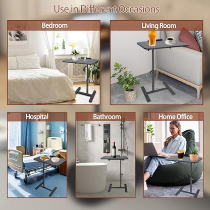 Adjustable Overbed Table, Overbed Bedside Table with Hidden Casters, 360° Swivel C Shaped Side Table, Mobile Laptop Computer Standing Desk for Home and Hospital Use (Black) - color: Black