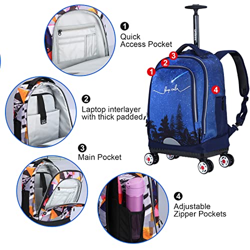 Rolling Backpack with Wheels for Travel, Roller Backpack for Women, Wheeled Laptop Bag Fits 15.6 Inch Notebook - color: Falling Star