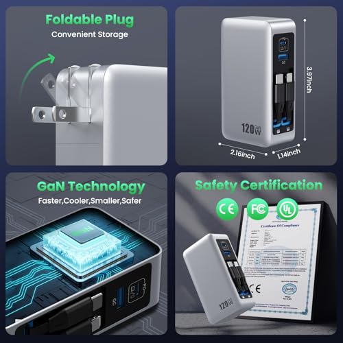 120W USB C Charger Block with 2 Built-in Retractable Cables,4-in-1 GaN IV Foldable Plug Wall Charger Fast Charging Station,PD 65W Laptop Adapter for MacBook/iPad,iPhone 17/16/15/14,Galaxy,Android etc - color: A-Silver
