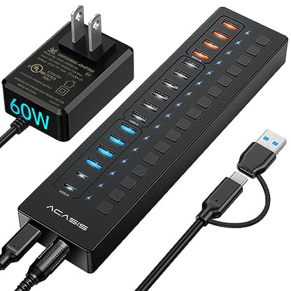 Powered USB 3.0 Hub, ACASIS 16 Port USB Hub Powered(Include 2*USB C 3.0+4 Smart Charging Port) with 60W Power Adapter, Support Wall Mount, USB Hub for PC Laptop, Mac, Printer, Camera