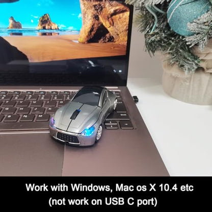 Car Mouse for Computer, Wireless Car Shaped Mice for Laptop, PC, Mini Cute Mouse with 2.4Ghz USB Receiver, 3D, 1600DPI, Silent Clicks, LED Headlights (Grey) - color: Y-Grey