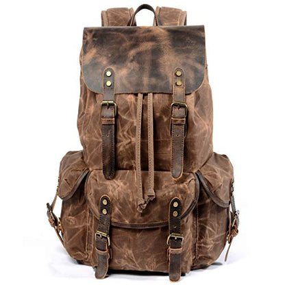 WUDON Leather Backpack for Men, Waxed Canvas Shoulder Rucksack Carry-On Travel Backpack - color: Coffee-oversize