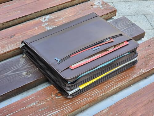 14" Laptop Briefcase, Vegan Leather Portfolio with Zipper Compartments x 2, A4 Papers Holder Padfolio Organizer - color: Brown
