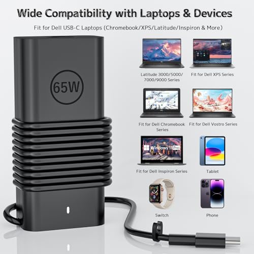 Slim 65W USB Type C Laptop Charger Compatible with Dell Computer Adapter | Latitude 5420 5430 5440 5450 5550 5520 7320 Inspiron 14 7425 16 7620 Chromebook 3100 3400 XPS 13 7390 2-in-1 Power Supply