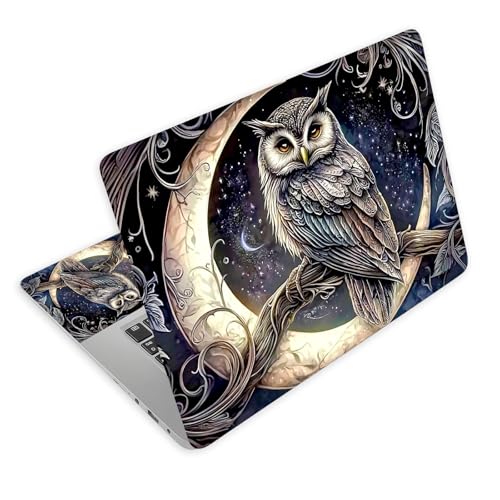 Universal Laptop Skin Decal, 3-Piece Vinyl Protector for 12 13 14 15.6" Notebook, Waterproof Anti-Scratch, Easy Trim & Bubble-Free Finish, Owl Crescent Moon - color: Owl Crescent Moon