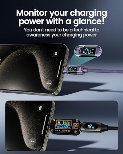 toocki USB C to USB C Cable with LED Display 100W 3.3ft, 2Pack | Fast Charging, Nylon Braided, Purple Compatible with iPhone 17/16, MacBook Pro, Galaxy S25 - color: Purple, size: 3.3+3.3ft
