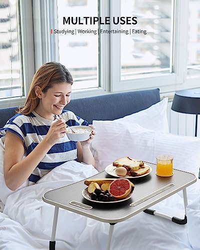 FISYOD Foldable Laptop Table, Portable Lap Desk Bed Table Tray, Laptop Stand with Cup Holder & Tablet Slot & Lifting Handle for Working Writing Drawing & Eating (Black) - color: Black