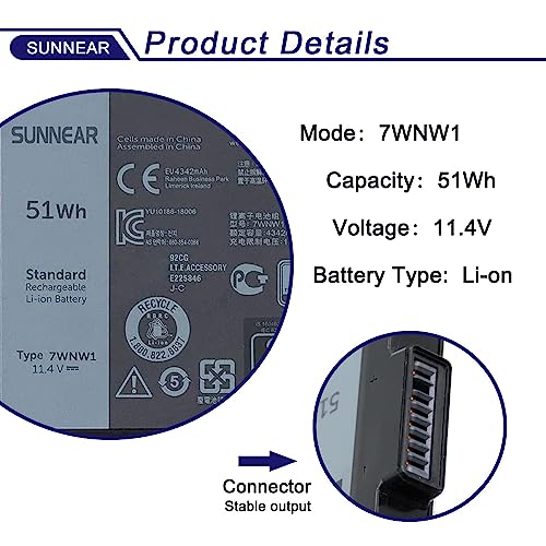 51Wh 7WNW1 Laptop Battery for Dell Latitude 7424 5420 5424 Rugged Extreme | 11.4V 4342mAh Battery Replacement for Dell P86G P137G P137G001 P137G002 P85G001 P86G001 Series; P/N:DMF8C GK3D3 6NNCF - size: 6.02*4.02*1.34 inches 7WNW1