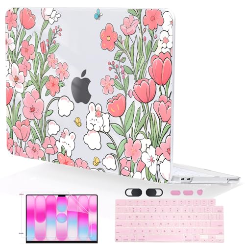 Compatible with MacBook Neo 13 inch Case 2026 Release A3404 Cover, Ultra-Thin Pattern Plastic Hard Shell Case Keyboard Cover Screen Protector Dust Plug, Flowers & Cute Rabbits - color: Flowers & Cute Rabbits