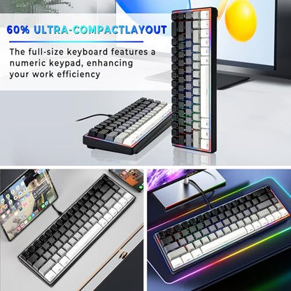 65% Gaming Keyboard, LED Backlit Mini Wired Keyboard, Ultra-Compact Anti-Ghosting No-Conflict 68 Keys Membrane Gaming Wired Keyboard for PC Laptop Windows Gamer(Gray-White) - color: Gray