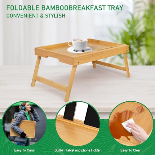 Artmeer Bamboo Bed Tray, Folding Legs, Phone/Tablet Slot, Medium, Bamboo | FSC-certified bamboo bed tray with phone/tablet slot, folding legs, handles and raised edges for meals, laptops and reading. - color: Bamboo, size: Medium
