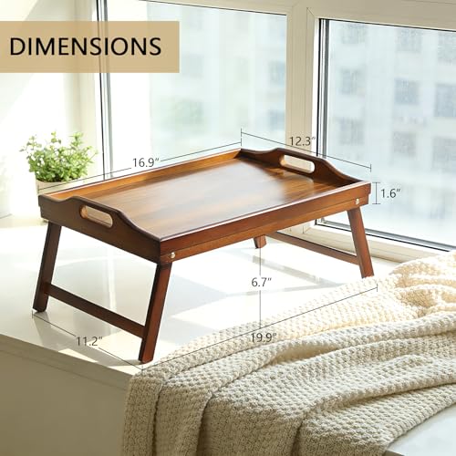 Bamboo Breakfast Tray Table with Folding Legs for Bed Table Sofa - Eating & Laptop Tray Bamboo with Folding Legs - color: Walnut