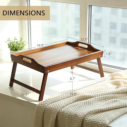Bamboo Breakfast Tray Table with Folding Legs for Bed Table Sofa - Eating & Laptop Tray Bamboo with Folding Legs - color: Walnut