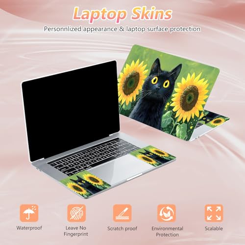 Laptop Skin Sticker Decal 12" 13" 13.3" 14" 15" 15.6",Waterproof Scratch Resistant Vinyl,Reusable Easy to Apply,for MacBook HP Dell Notebooks Netbooks Laptop,2 Wrist Pads,Black Cat Sunflower - color: Black Cat Sunflower
