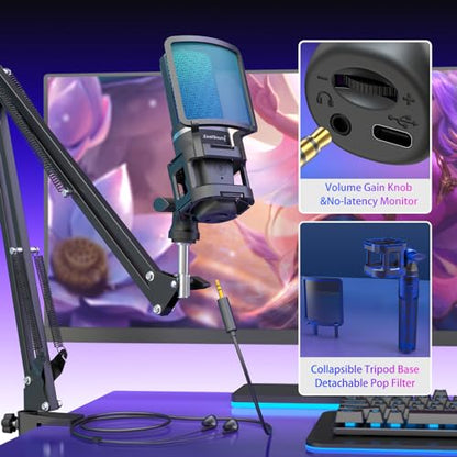 ZealSound Microphone for PC, USB Condenser Gaming Mic with Noise Reduction, Gain Control, Mute, Zero-Latency Monitoring, RGB Lighting, Boom Arm & Tripod Stand for Mac iPhone Android Podcasting TikTok
