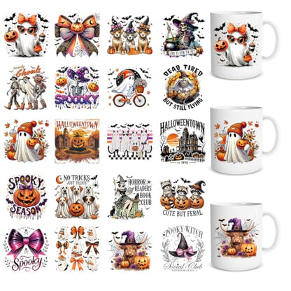 Rngmsi 20 Pcs Halloween UV DTF Cup Wrap Ghost UV DTF Stickers for 16 OZ | 3.1x3.1 Inch, Waterproof, Halloween Ghost Design, UVDTF Transfer Decals for Glasses Cups Mug DIY Crafts - style: Halloween