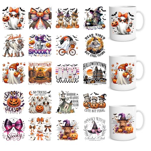 Rngmsi 20 Pcs Halloween UV DTF Cup Wrap Ghost UV DTF Stickers for 16 OZ | 3.1x3.1 Inch, Waterproof, Halloween Ghost Design, UVDTF Transfer Decals for Glasses Cups Mug DIY Crafts - style: Halloween