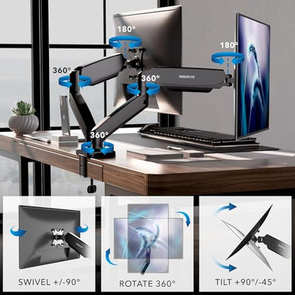 Mount-It! Dual Monitor Desk Mount, 13-32", 17.6 lbs Each | Two independent gas spring arms, full motion, VESA 75x75 & 100x100, C-clamp & grommet base.