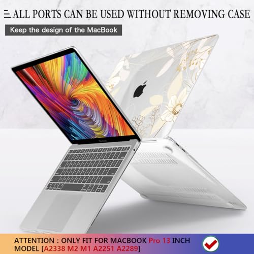 CISSOOK Compatible with MacBook Pro 13 Inch Case 2025-2020 Release M1 M2 | 4in1 Set Plastic Hard Shell Case & Keyboard Cover for MacBook Pro 13 with Touch Bar M1 M2, Golden Flowers - color: Pro13inch-Golden Flowers