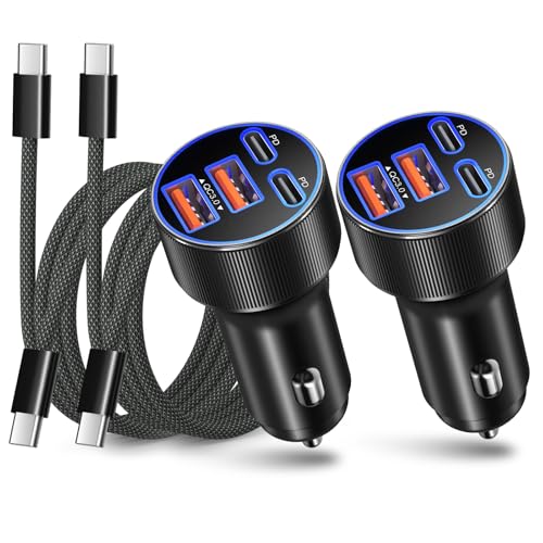 Super Fast Type C Car Charger, [2Pack] Besgoods Dual 45W USB C 4-Port Cigarette Lighter Adapter for Galaxy S26 S25 Ultra FE S24 S22 iPhone 17 16 15 Pro Max, with 6ft Braided USB C to C Cable - color: black charger + black cable, size: 2-Pack