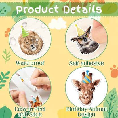 CNhoqc Realistic Style Birthday Animal Sticker Rolls, 2000Pcs, 14 Designs | Self Adhesive, Waterproof Vinyl, Page Activity Pad, Scrapbooking Supplies, Goodie Bag, Birthday Party, Greeting Card Making - style: 4 Rolls Realistic Style Birthday Animal