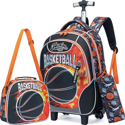 Meetbelify Kids Rolling Backpack with Wheels for Boys Rolling Backpacks with Lunch Box for Elementary School Students 3 in 1 Travel Luggage Carry on Suitcase for Boys Age 8-10 - color: 02 Basketball