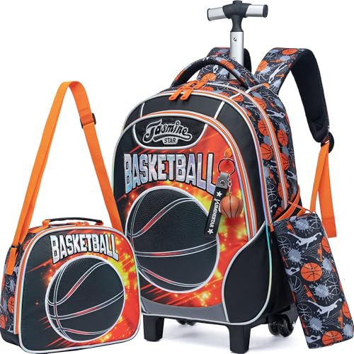 Meetbelify Kids Rolling Backpack with Wheels for Boys Rolling Backpacks with Lunch Box for Elementary School Students 3 in 1 Travel Luggage Carry on Suitcase for Boys Age 8-10 - color: 02 Basketball