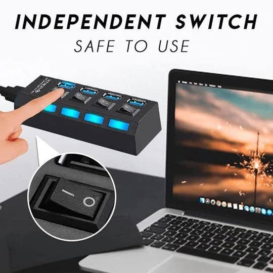 7 Ports Powered USB Hub for Pc Multiple USB Port Splitter with LED Individual On/Off Switches Laptop Charging Strip Desktop USB Extender Hub USB Port Hubs for 7/ Vista/Xp/ 2000 and Mac (Black)