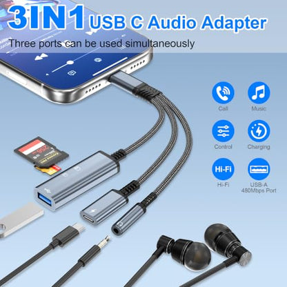 USB-C to 3.5mm Headphone Adapter,3 in 1 USB C Charging Port Splitter,OTG Adapter,TF/SD Card Reader,USB C to Audio Jack Adapter for iPhone15 16 17,Android,iPad,Laptop,Slivery