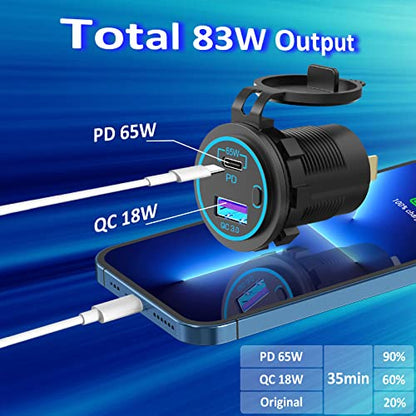 83W12V USB Outlet Qidoe 65W USB C for Laptop Car Charger Socket Quick Charge3.0 18W with Power Switch Long Body Waterproof Adapter for Car Boat Marine Truck Golf RV