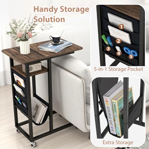 GIANTEX 27" C Shaped End Table w/Charging Station, Rolling Wheels | Slide Under Couch, Outlets & USB Port, Side Table Nightstand Small Laptop Sofa TV Tray C Table for Living Room, Rustic Brown