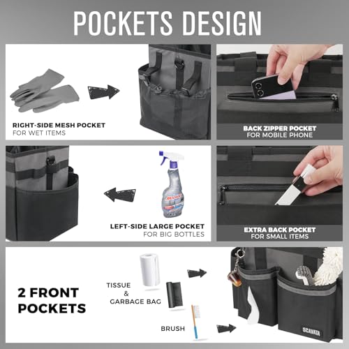 SCAVATA Compact Wearable Cleaning Caddy with Handle & Shoulder Straps | Small Cleaning Supplies Organizer, Under Sink & Car Cleaning Tools Storage Bag for Housekeepers Cleaners, DarkGrey - color: DarkGrey