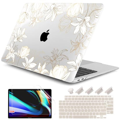 DONGKE Compatible with MacBook Air 13 inch Case 2021 2020 2019 2018 Release A2337 M1 A2179 A1932 with Retina Display Touch ID, Plastic Hard Shell & Keyboard Cover - Golden Florals - color: Golder Florals X482