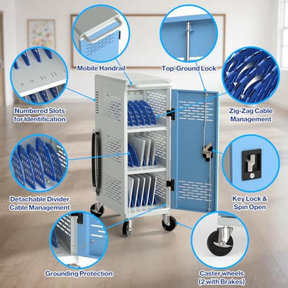 POCHAR Fully Assembled 18-Device Mobile Charging Cart for Chromebooks, Gray | Locking Laptop Cabinet with Cable Management, Cord Organization, Power Strip, Stores Tablets up to 14'' Screens