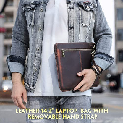 Top Grain Leather 14.2" Laptop Case Bag, Zip Pockets Design, Compatible with MacBook Air 13" M2 A2681 M1 A2337 A2179 A1932/Pro 13" M2 M1 A2338 A2251 A2289 A2159 A1989 A1706, Coffee 14.2 Inch - color: 【Bag】Horizontal Zip & 2 Pockets - Coffee, size: 14.2" -
