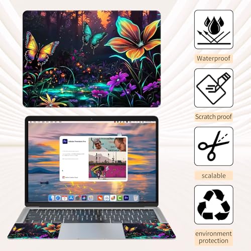 Laptop Skin Sticker 3-Piece Set,Flowers and Butterflies | Trim-to-fit 3-piece vinyl set with one 15 x 10.6 in lid skin and two palm-rest decals for many 12-15.6 in laptops - color: Flowers And Butterflies