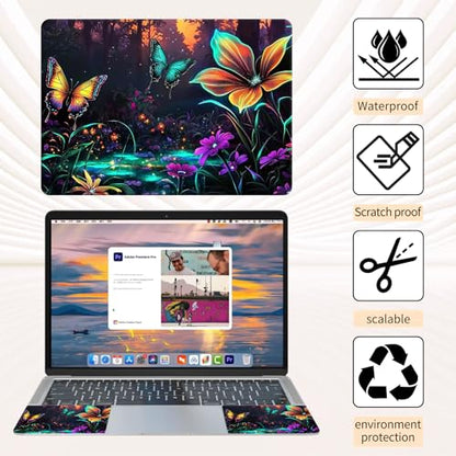 Laptop Skin Sticker 3-Piece Set,Flowers and Butterflies | Trim-to-fit 3-piece vinyl set with one 15 x 10.6 in lid skin and two palm-rest decals for many 12-15.6 in laptops - color: Flowers And Butterflies