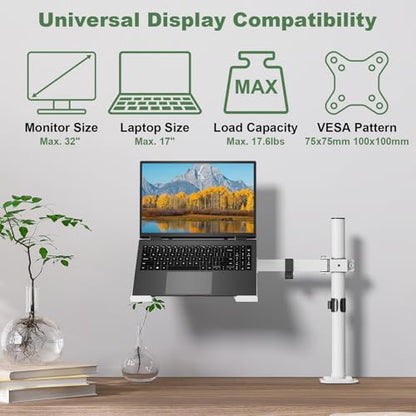 UPGRAVITY White Laptop Desk Mount with Vented Tray for Notebook up to 17 inch, Fully Adjustable Single Laptop Arm Stand Holds up to 17.6 lbs, Clamp on/Grommet Mounting | Fully Adjustable Single Laptop Arm Stand Holds up to 17.6 lbs, Clamp on/Grommet Mount