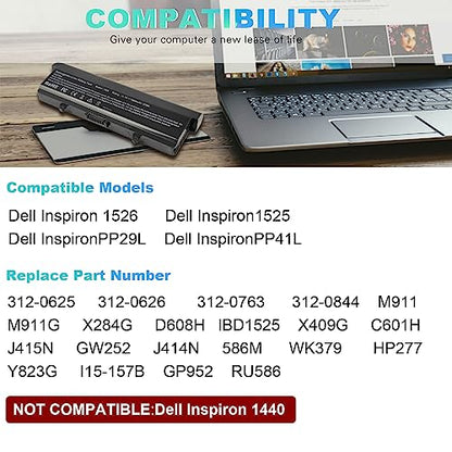 TREE.NB High Capacity Battery for Dell Inspiron 1545 1526 1525 PP41L PP29L Series Laptop Battery, Fits P/N: GP952 GW252 GW240 X284G RN873 M911 M911G [7800mAh/11.1V/9-Cells] - size: 7.68x3.03x0.23inch 1526
