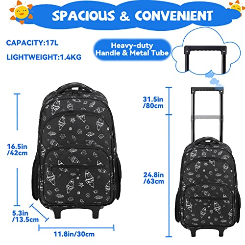 VASCHY Rolling Backpack Kids, 17in Water Resistant Large Schoolbag Carry-on Travel Trip Bag with Wheels for Boys Rockets