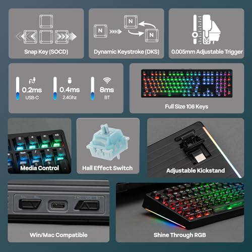 EPOMAKER HE108 Wireless Gaming Keyboard, 8K Polling & 10000mAh, SOCD & DKS | Full-Sized Hall Effect Keyboard with Rapid Triggering, Custom Driver, RGB Backlit, PBT Keycap (Black) - color: Black