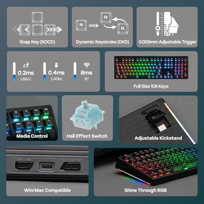 EPOMAKER HE108 Wireless Gaming Keyboard, 8K Polling & 10000mAh, SOCD & DKS | Full-Sized Hall Effect Keyboard with Rapid Triggering, Custom Driver, RGB Backlit, PBT Keycap (Black) - color: Black