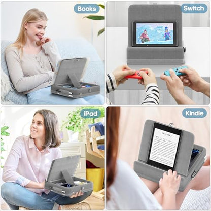 KDD Tablet Pillow Stand with Storage, Foldable iPad Holder for Bed, Lap and Desk, Angle Adjustable Soft Pad Dock with Stylus Mount Compatible with Ipad Pro 12.9, 10.5, 11, Air, Mini, Phones, Books - color: Light Grey