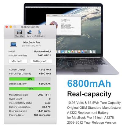 A1278 Battery Replacement, A1322 Battery for MacBook Pro 13 Inch (Mid 2012 2010 2009 Early 2011 Late 2011) Improved Capacity 10.95V 6000mAh 65.5Wh (A1278 A1322 Battery & Tool Set)