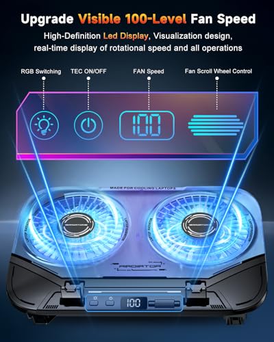 Upgraded Laptop Cooling Pad with Dual TEC Coolers & 2 Quiet Fans-RGB Laptop Cooler for 12-21in Laptops, Gaming Laptop Fan Cooling Pad Stand with Phone Holder, 100-Speed & 5-Height Adjustable, USB Port