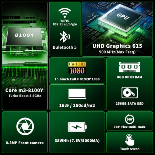 15.6 Inch 2-in-1 Touchscreen Laptop Computer, 8GB RAM 256GB SSD Core m3-8100Y Lap top, 360° Convertible Notebook Laptops with Win 11/Office, FHD Display, 360° Rotating Touch Screen, WiFi5/ BT5,HDMI